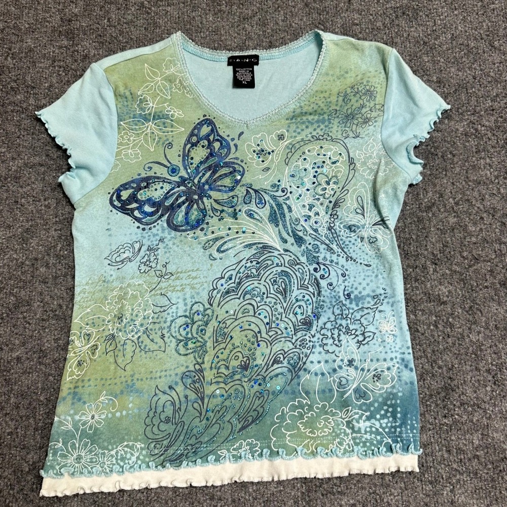 F.A.N.G T-Shirt Womens Size XL Blue Butterfly Graphic Sequin Lettuce Trim Y2K